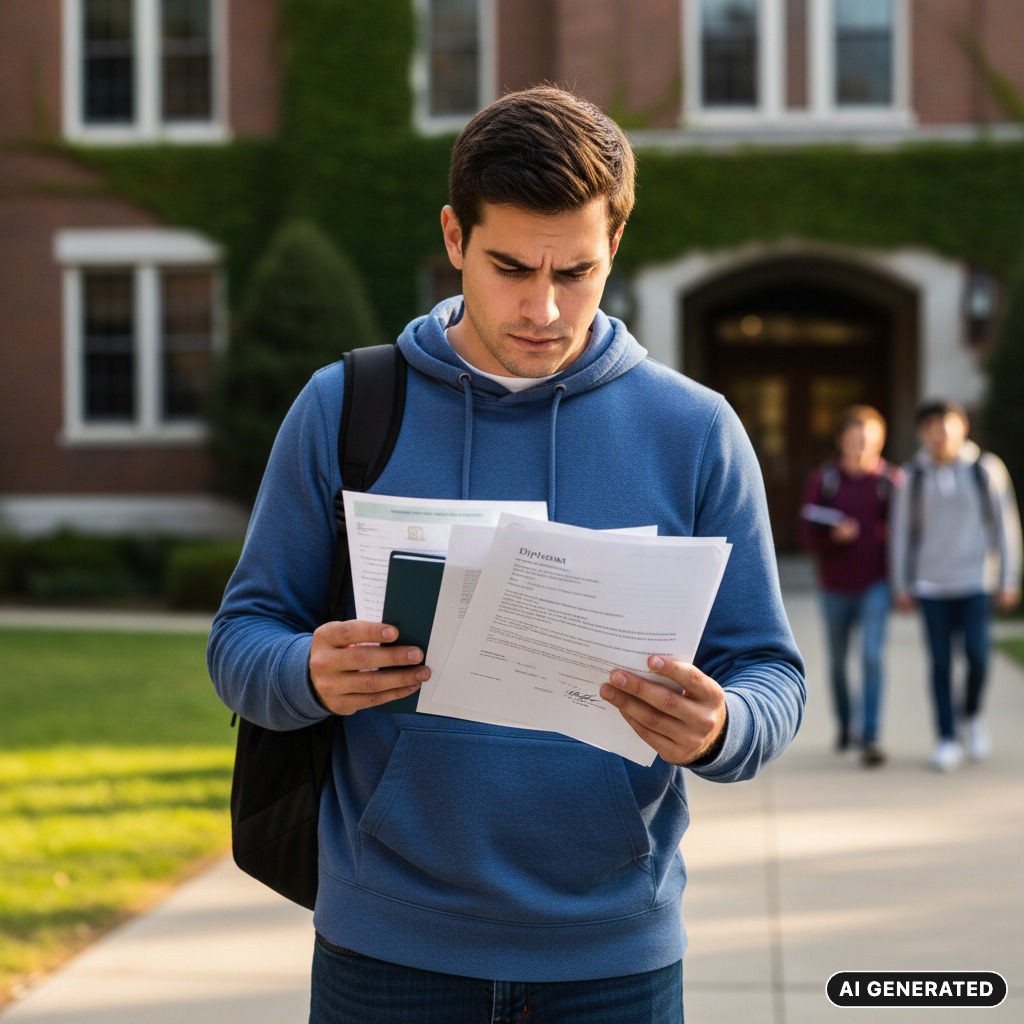 AI Generated: A male student in a blue hoodie stands on a college campus reading a document labeled diploma.