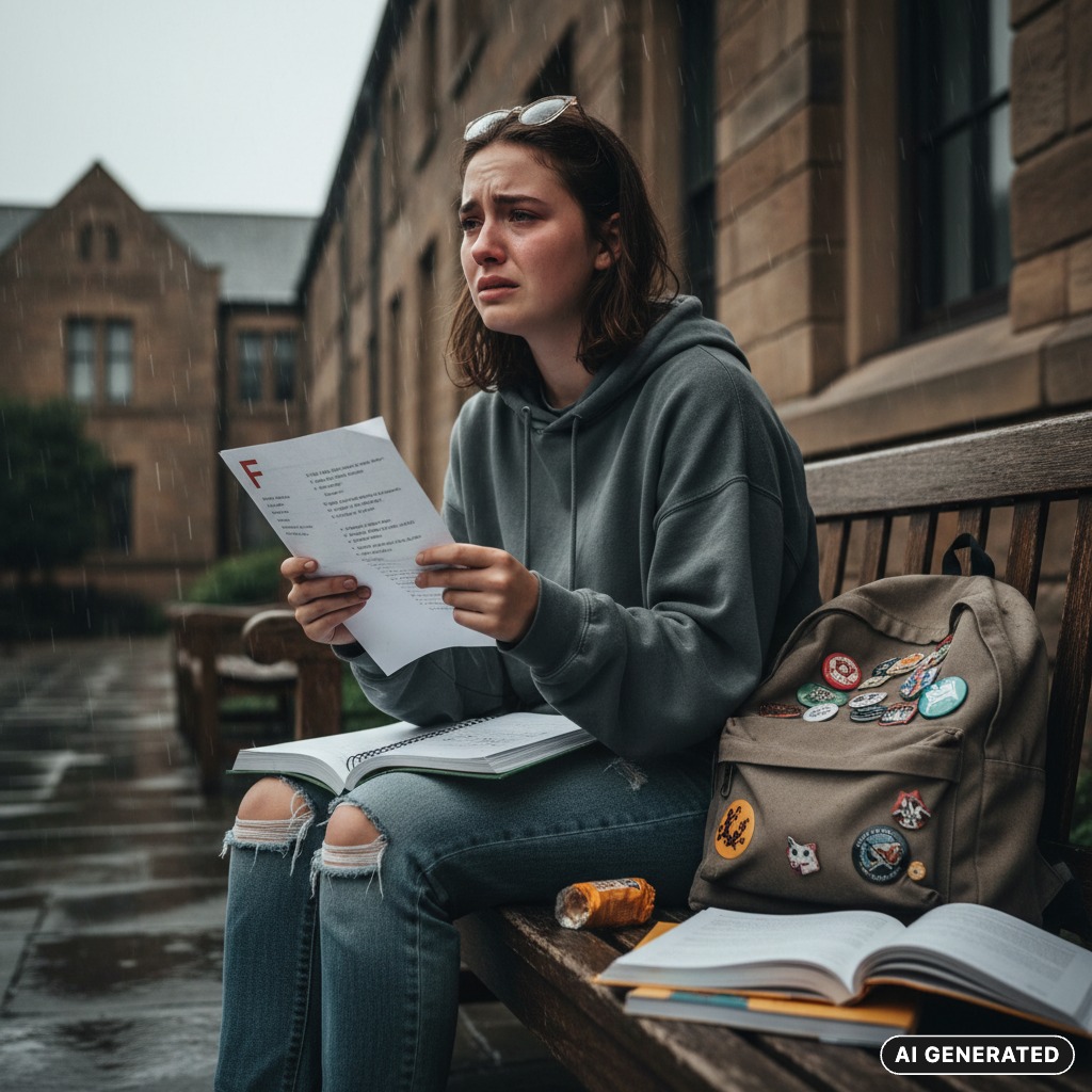 AI Generated: A distressed student sits on a bench in the rain, holding a paper marked with a failing grade.