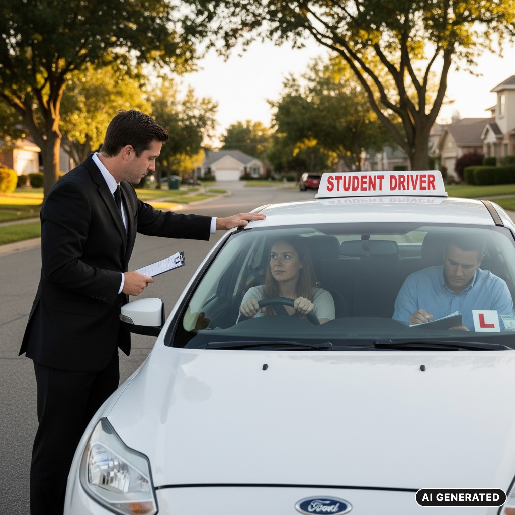 AI Generated: A driving instructor in a suit stands outside a student driver's car while a passenger records notes inside.