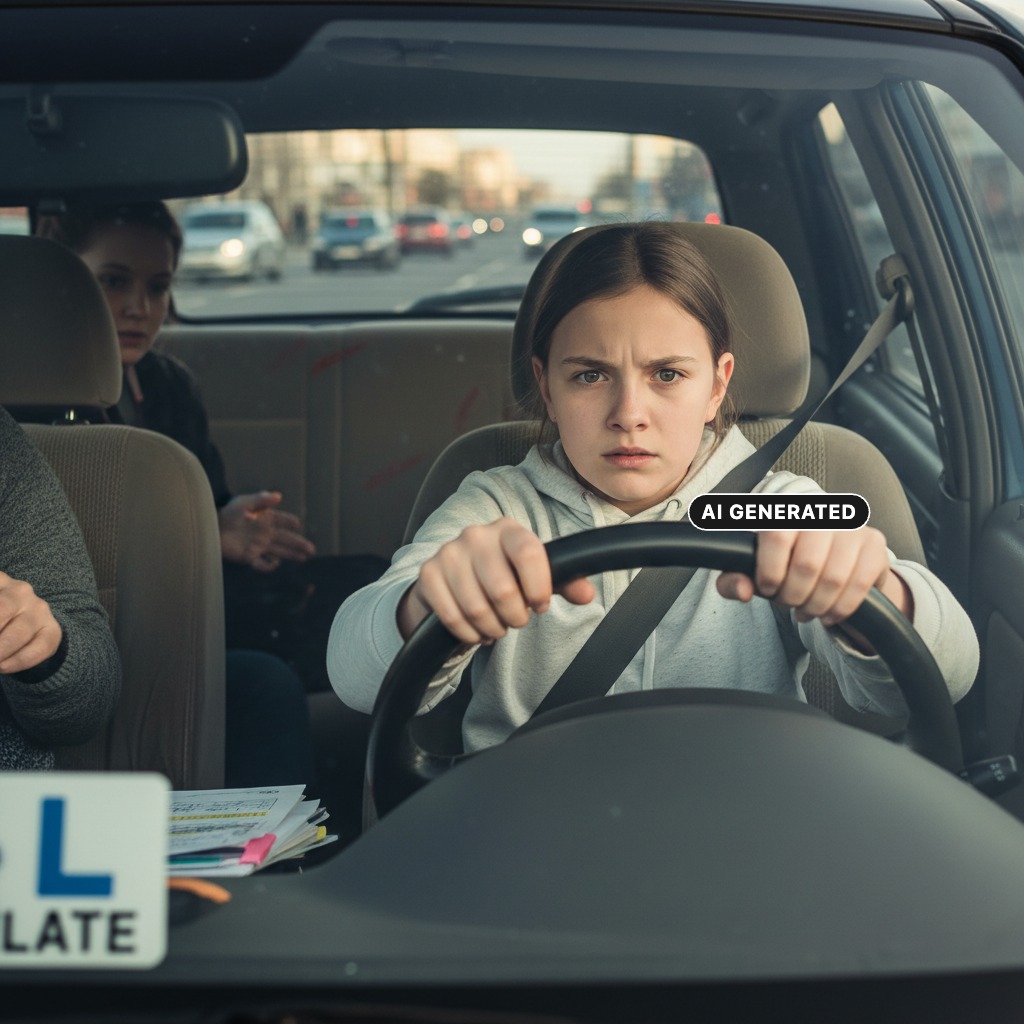 AI Generated: A young 19 years girl with a focused and slightly tense expression grips the steering wheel while driving a car.